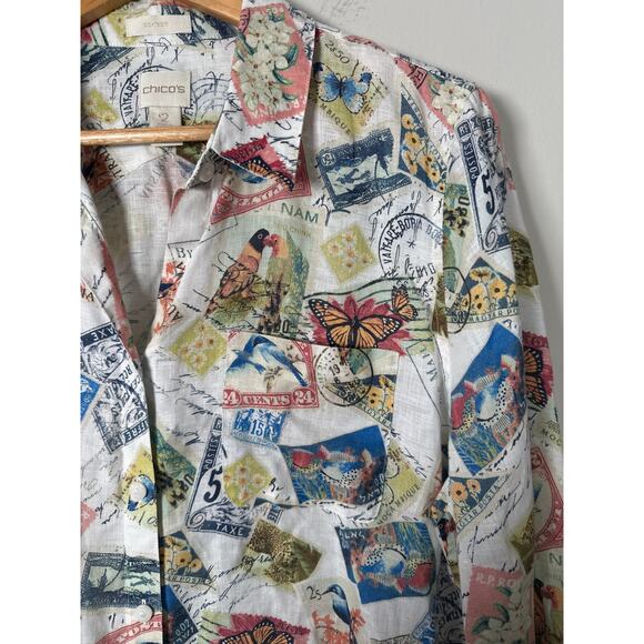 Chicos Women's Linen Postage Stamp 3/4 Sleeve Button-up Top Sz L (2) Travel - Picture 3 of 10